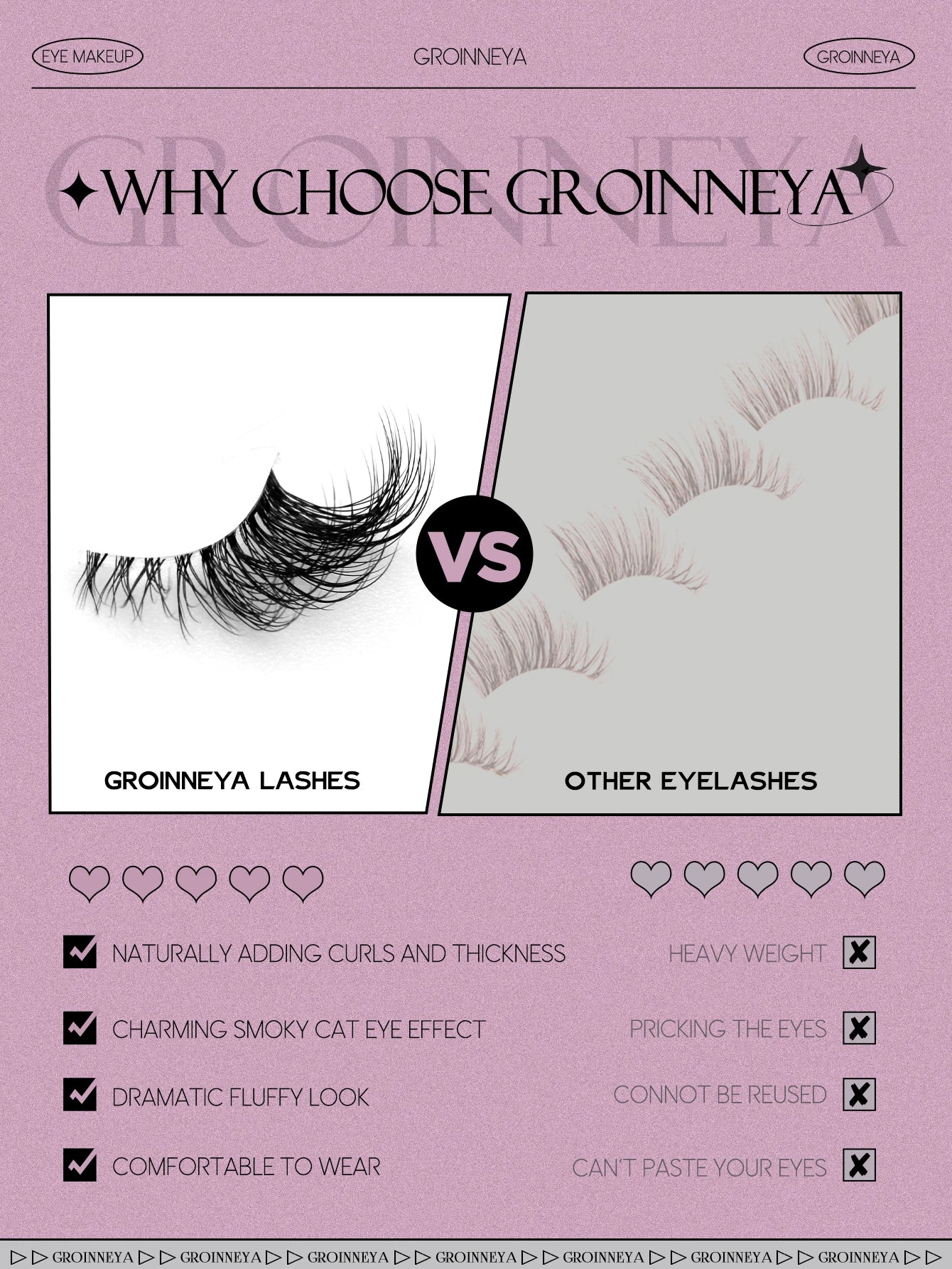 GROINNEYA Half Lashes – Natural Faux Mink Wispy Eyelash Extensions with Clear Band