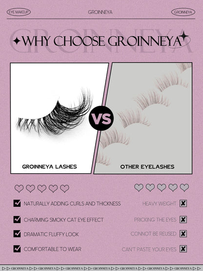 GROINNEYA Half Lashes – Natural Faux Mink Wispy Eyelash Extensions with Clear Band