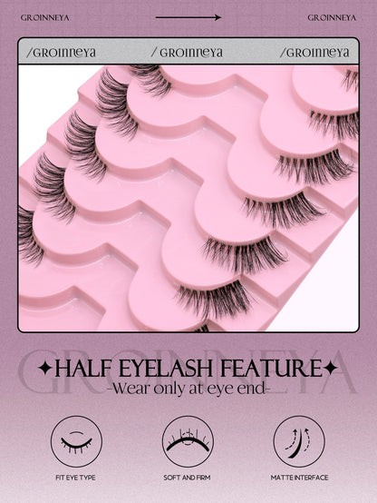 GROINNEYA Half Lashes – Natural Faux Mink Wispy Eyelash Extensions with Clear Band